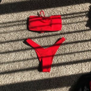 Red strapless and cheeky bikini set